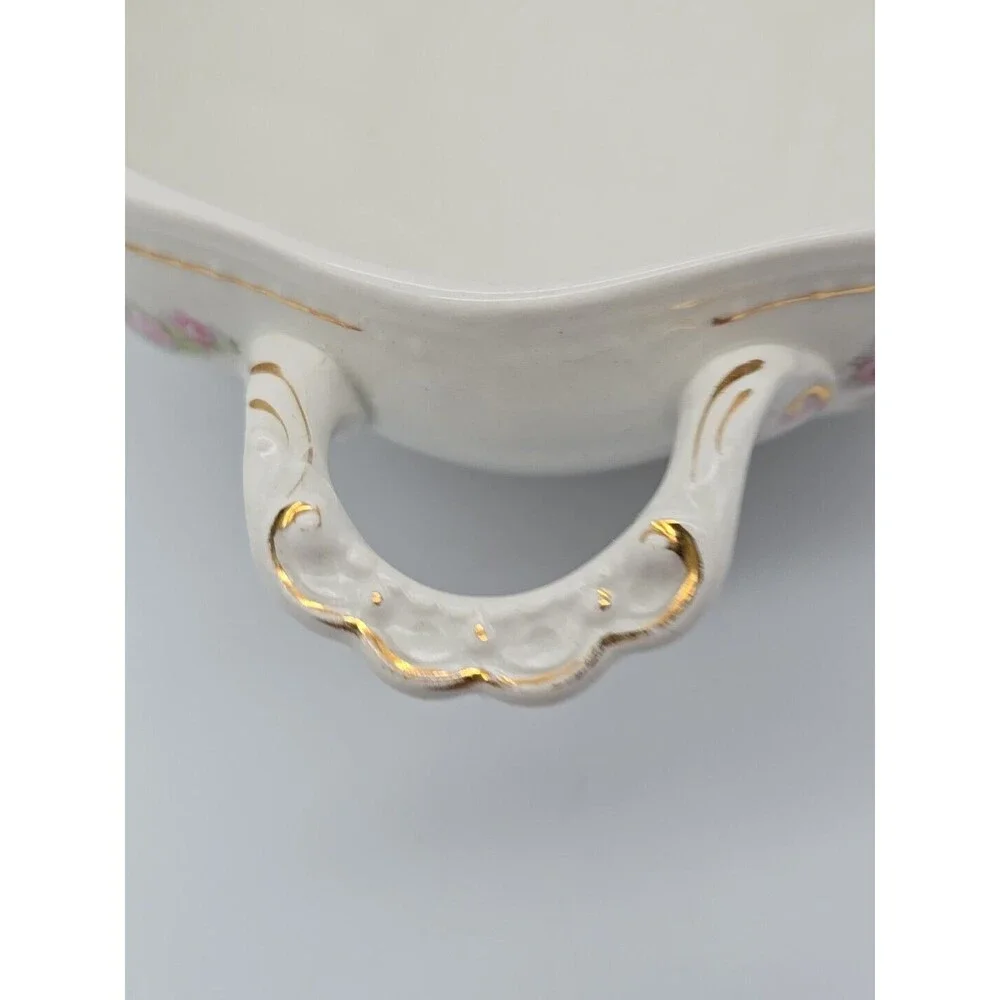 Vintage Dresden Semi Porcelain Two Handle Serving Bowl Rosesand Gold Trimmed